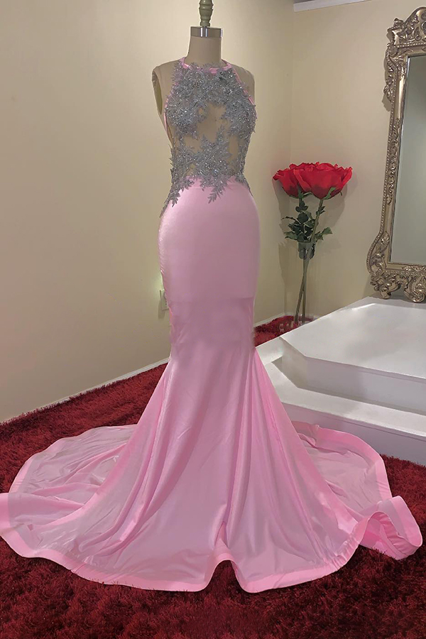 Jewel Sleeveless Appliques Sheer Pink Mermaid Prom Dresses