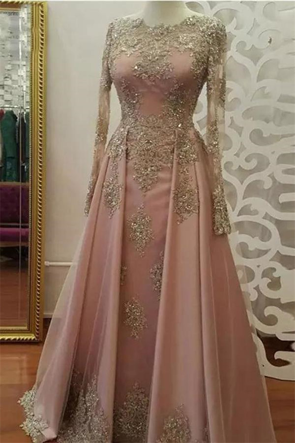 Chic Applique Crystal Jewel Prom Dresses Side slit Longsleeves Sexy Evening Dresses with Beads