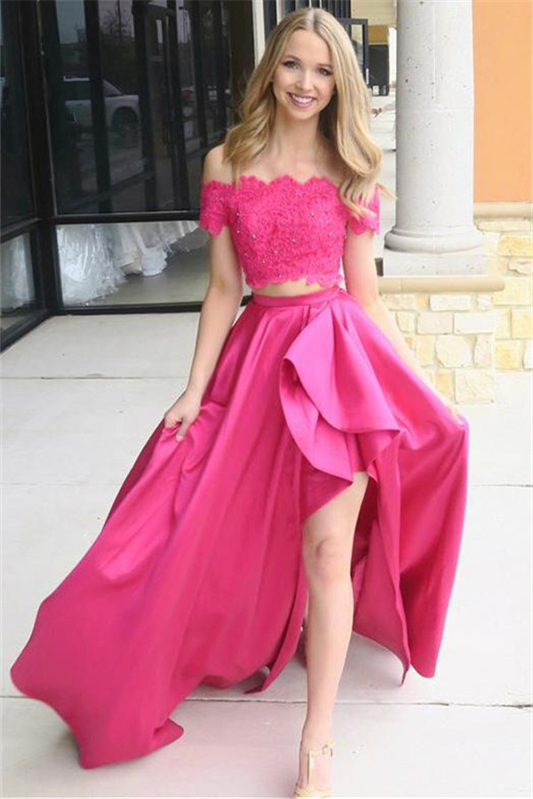 Chic Pink Beads Applique Off-the-Shoulder Prom Dresses Side slit Sleeveless Sexy Evening Dresses