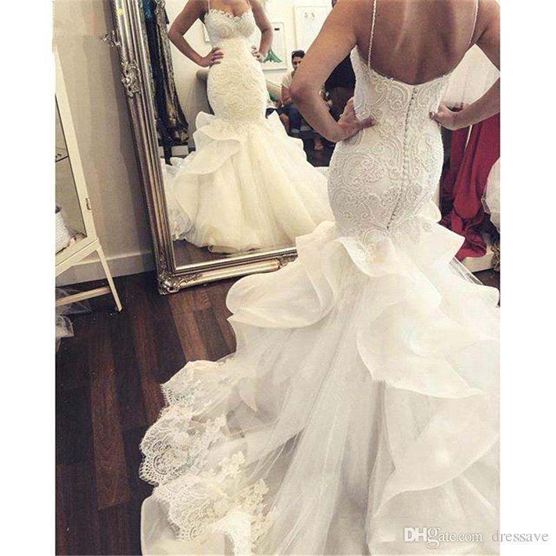 Elegant Fit and Flare Wedding Dresses Spaghettis Straps Bridal Gowns with Ruffles