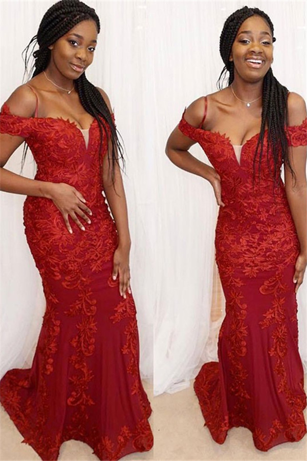 Red Off-the-Shoulder Applique Prom Dresses Mermaid Sleeveless Sexy Evening Dresses