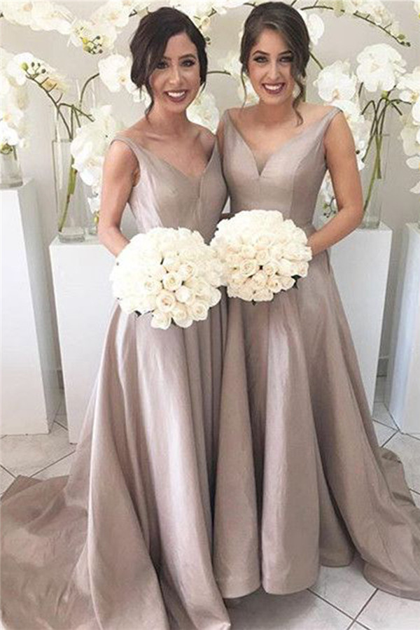 Stretch-Satin Simple V-neck Sleeveless Sheer-Tulle Open-Back Bridesmaid Dress