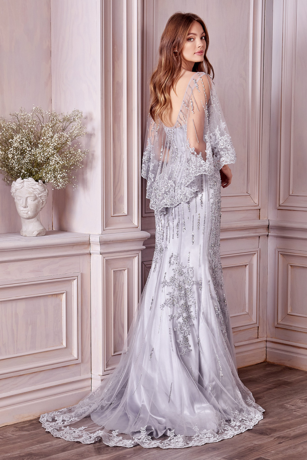 Charming Bateau Sequins Tulle Floor-length Mermaid Prom Gown With Sleeve Cape