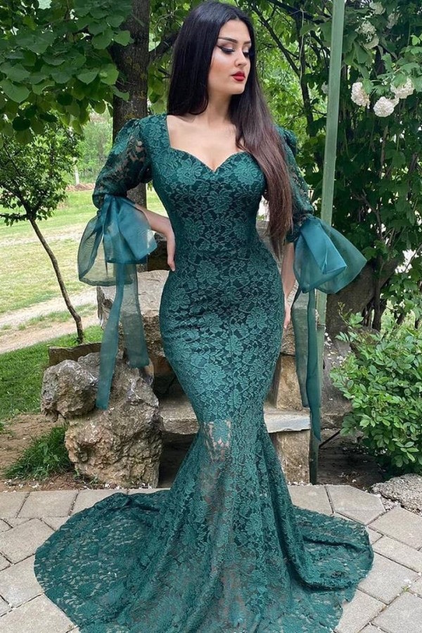 Elegant Sweetheart Long Sleeve Appliques Lace Floor-length Mermaid Prom Dress