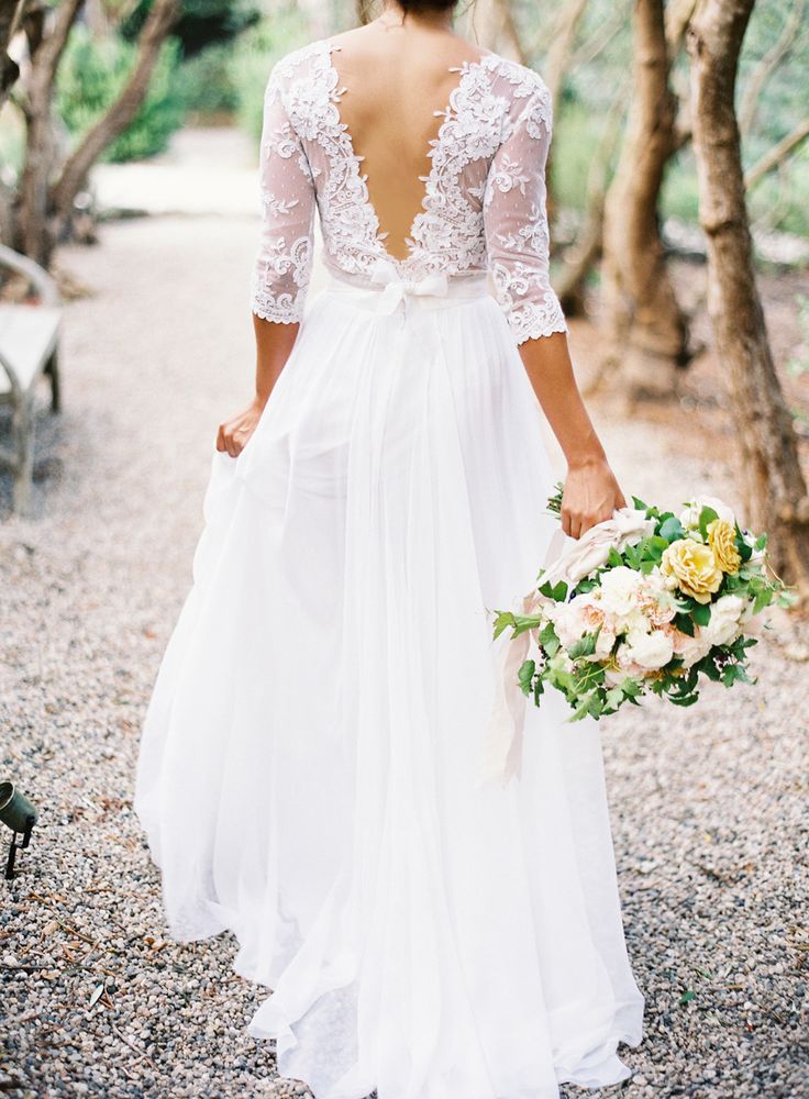 A-line Wedding Dresses Lace Top 3/4 Long Sleeves V Neck Open Back Elegant Bridal Gowns