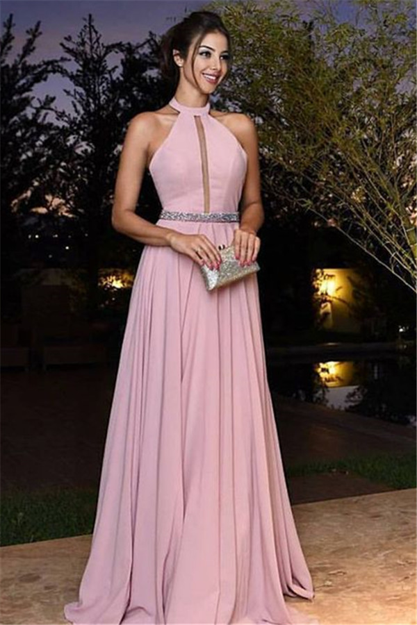 Sexy A-Line Chiffon Crystal Halter Pink Prom Dresses 2018
