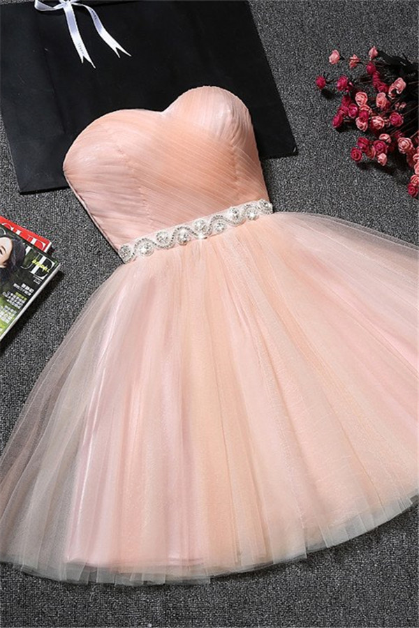 Sweetheart A-Line Ruffles Simple Short Crystal Short Homecoming Dresses