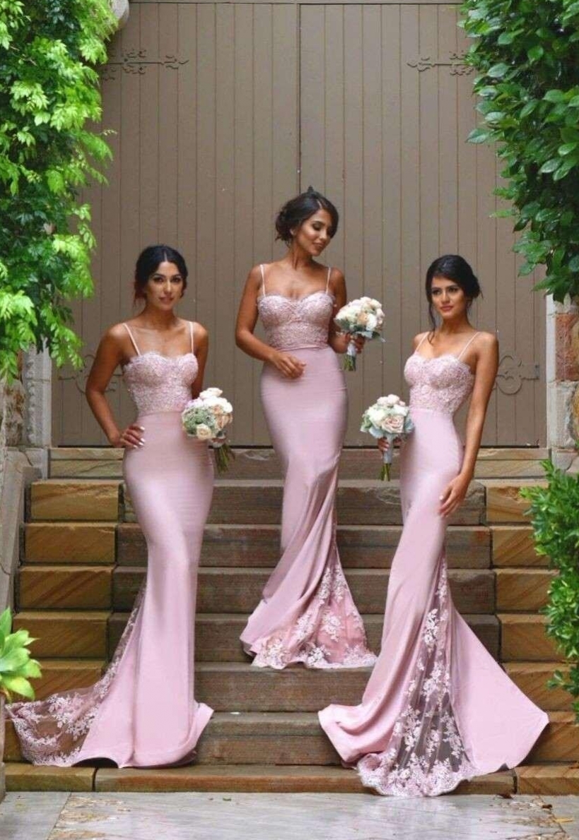 Pink Mermaid Bridesmaid Dresses Lace Spaghetti Straps Elegant Maid of Honor Dresses