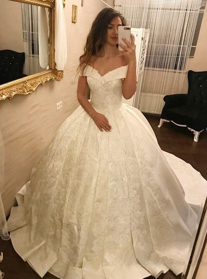Elegant Ball Gown Wedding Dresses | Off-the-Shoulder Pleated Satin Bridal Gowns