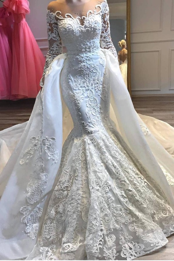 Alluring Long Sleeve Applique Fit And Flare Mermaid Detachable Skirt Overlay Wedding Dress