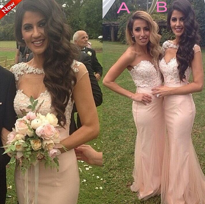 Pink Lace Applique Mermaid Bridesmaid Dresses Long Maid of Honor Dresses