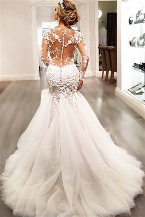 Mermaid Wedding Dresses with Long Sleeves | Lace Beaded Sheer Back Bridal Gowns