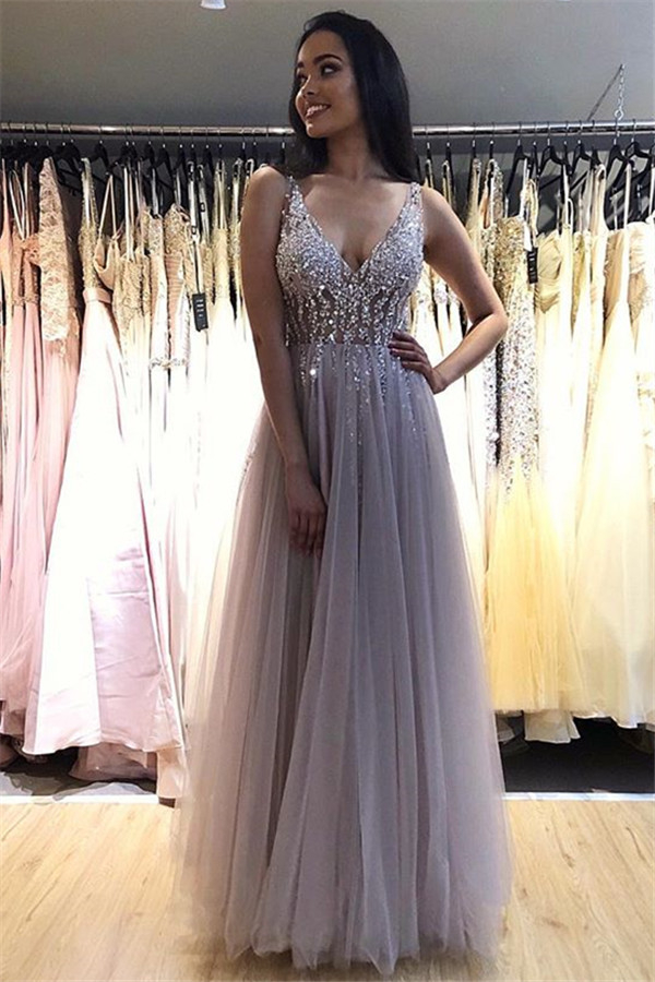 V-Neck Crystal Open Back Prom Dresses Tulle Cheap Sleeveless Sexy Evening Dresses