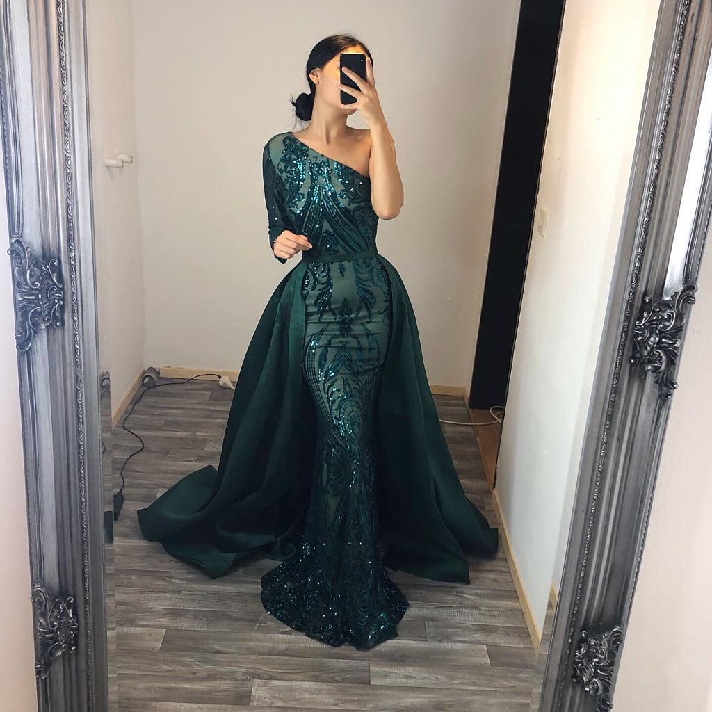 Stunning Long Sleeve Sequins One Shoulder Mermaid Prom Dress With Detachable Train