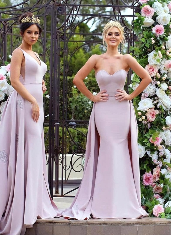 New Mermaid Bridesmaid Dresses | Long Sleeves Wedding Party Dresses with Overskirt