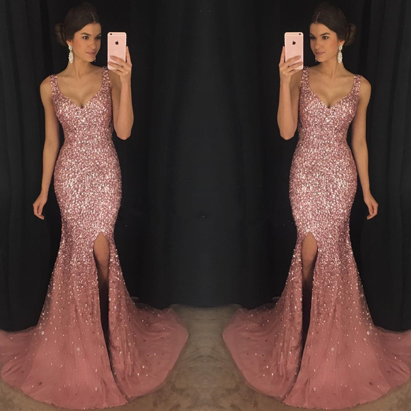 Sexy Mermaid Evening Dresses V-Neck Beaded Split Side Prom Dresses