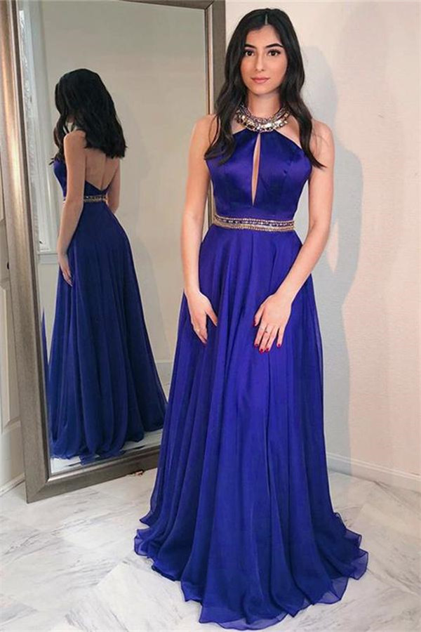 Sequins Halter Crystal Applique Prom Dresses Backless Keyhole Sheer Sleeveless Sexy Evening Dresses