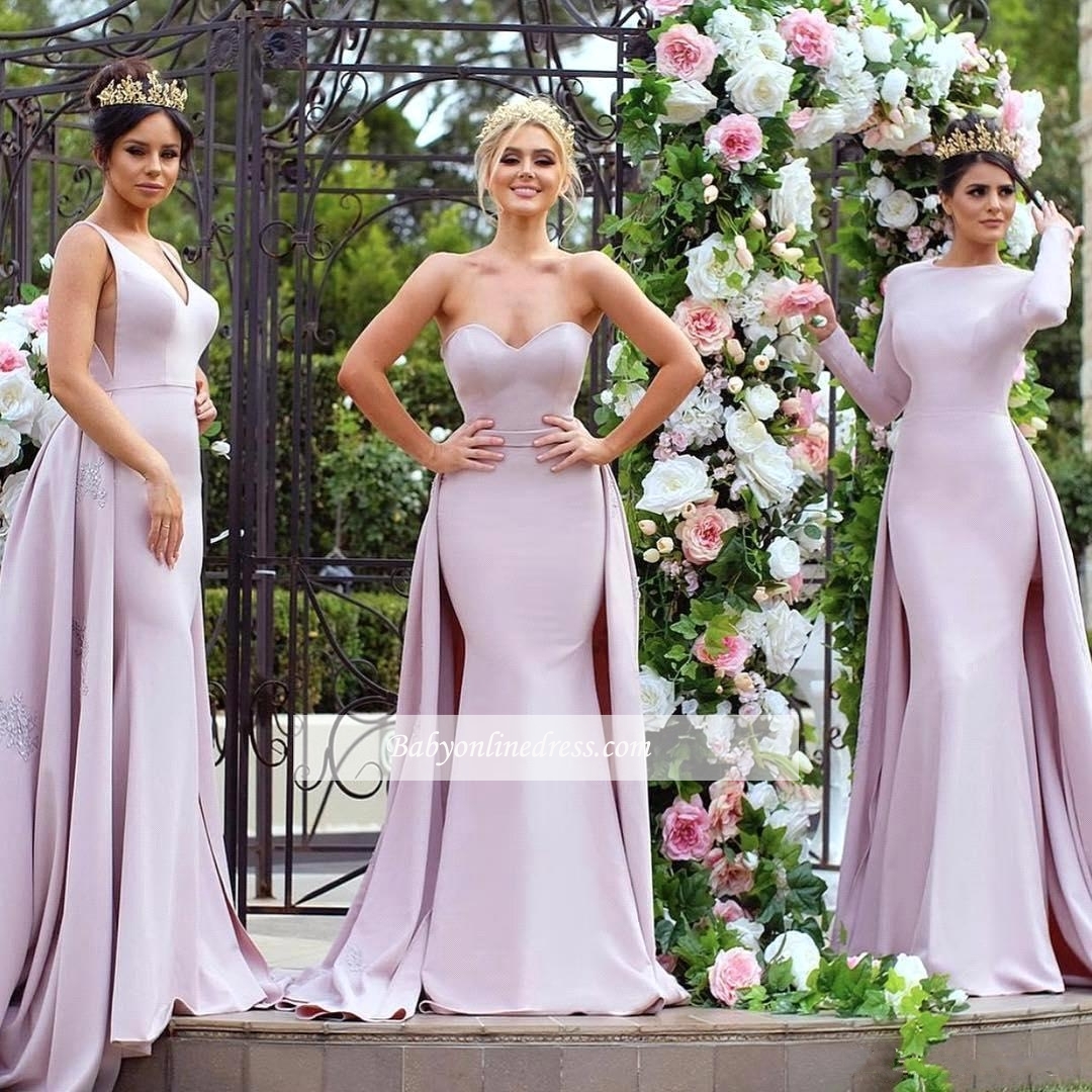 New Mermaid Bridesmaid Dresses | Long Sleeves Wedding Party Dresses with Overskirt