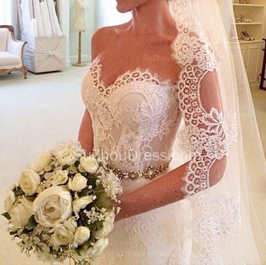 Lace Mermaid Sweetheart Wedding Dresses Crystals Beaded Belt Court Train Bridal Gowns