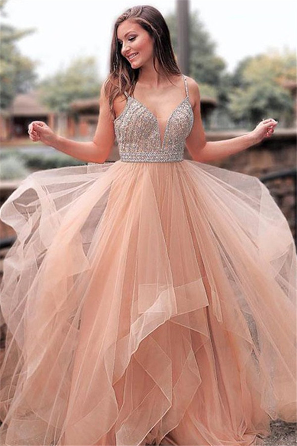 Romactic Pink Spaghetti Strap Crystal Prom Dresses Sleeveless Tulle Sexy Evening Dresses Cheap