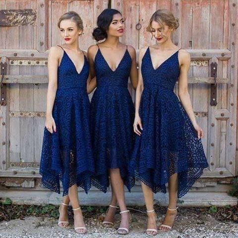 Sleeveless Tea-Length Spaghetti-Strap A-line Lace Bridesmaid Dress