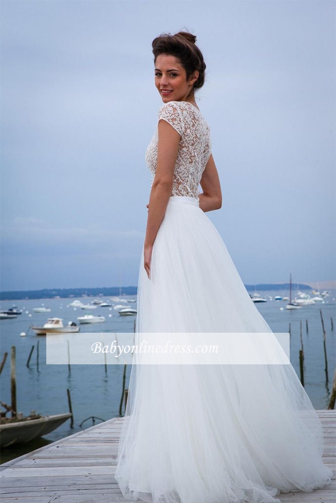 Short-Sleeves A-line V-neck Modern Tulle Simple Wedding Dresses