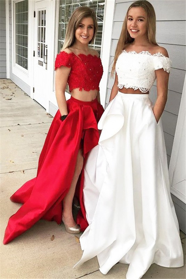 Chic Off-the-shoulder Two Piece Ruffles Prom Dresses Beads Lace Side Slit Sexy Evening Dresses with Pocket