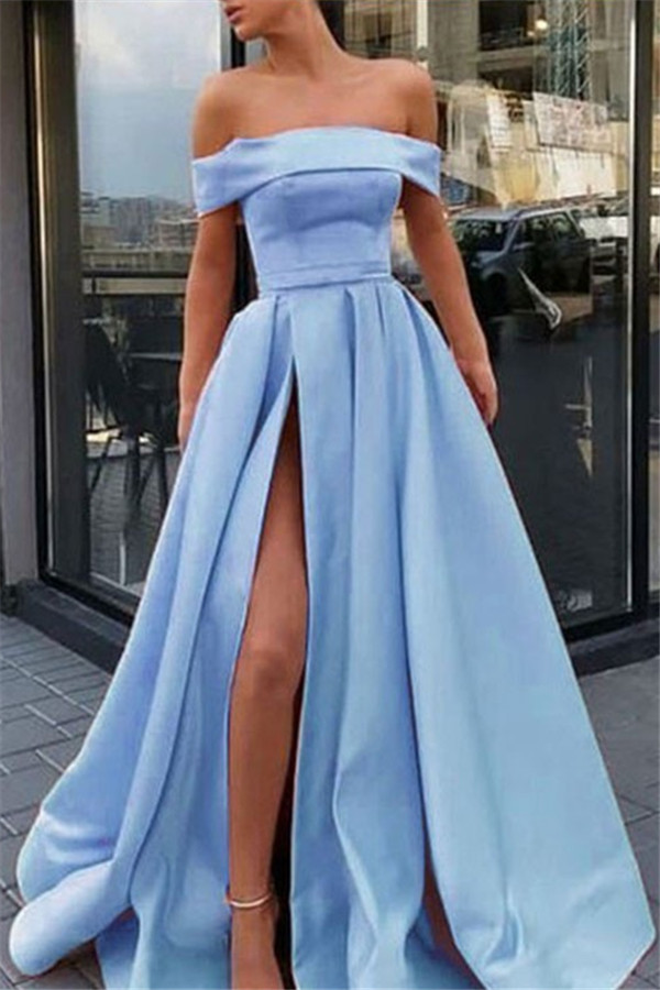Chic Off-the-Shoulder Ruffles Prom Dresses Side Slit Sleeveless Sexy Evening Dresses Cheap