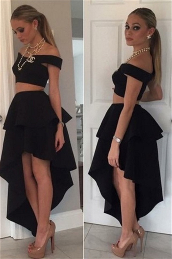 Black Off-the-shoulder Two-Piece Tiered Cheap Irregular Homecoming Dresses