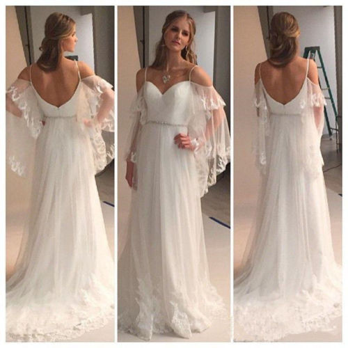 Summer Beach Wedding Dresses Spaghettis Straps Off the Shoulder Boho A-line Bridal Gowns