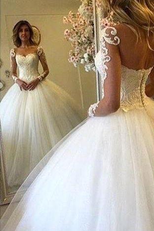 Long-Sleeves Lace-up Luxury Ball-Gown Lace Wedding Dresses