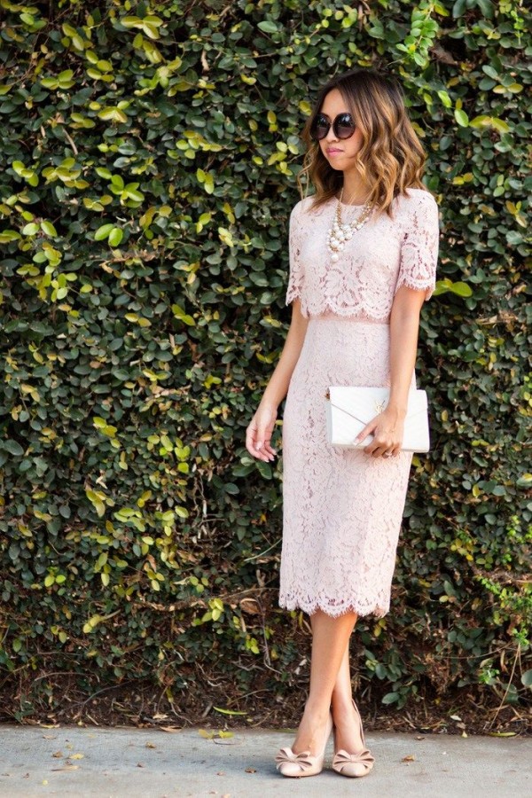 Grace Jewel Short Sleeves Tea Length Lace Wedding Guest Dresses