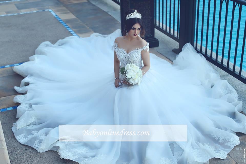 Vintage Off-the-Shoulder Wedding Dresses Crystal Tulle Ball Appliques Bridal Gowns