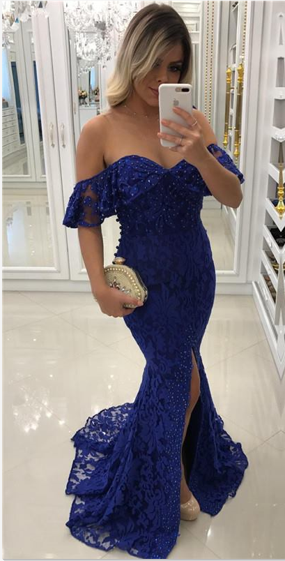 Sweetheart Off-shoulder Floor-length Split Pearls Lace Mermaid Prom Dresses
