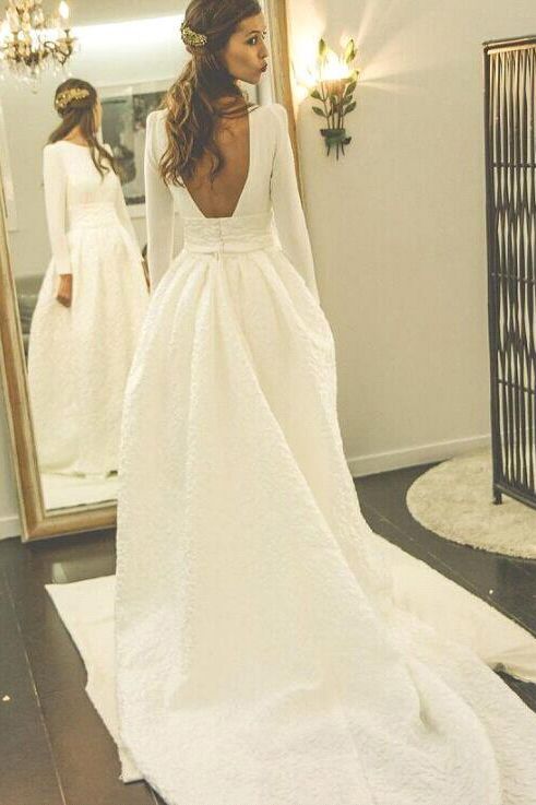 New Arrival A-line Sweep-Train Bridal Gowns Open Back Long-Sleeve Jewel Wedding Dress