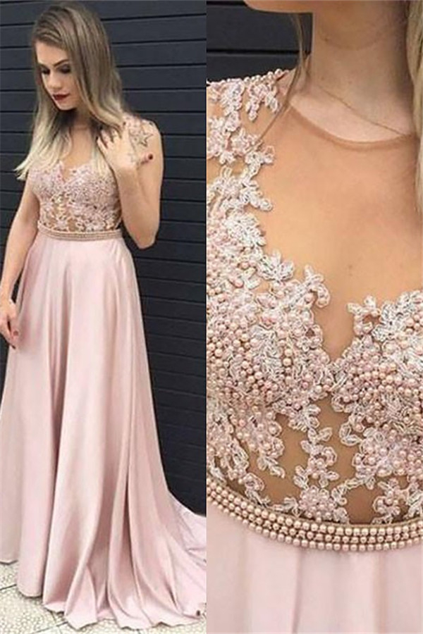 Jewel Beads Applique Prom Dresses Pink Sleeveless Tulle Sexy Evening Dresses Cheap