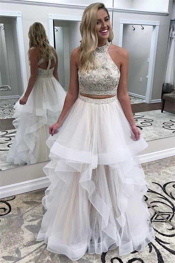 Beads halter Applique Prom Dresses Two Piece Tulle Sleeveless Sexy Evening Dresses