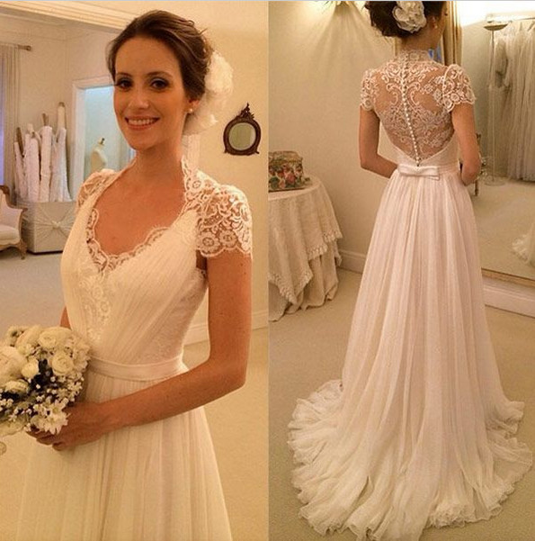 A-line Beach Wedding Dresses Chiffon Short Sleeves Sheer Lace Back Elegant Bridal Gowns