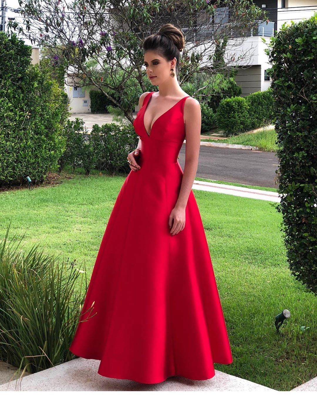 Straps V-neck Plain A-line Prom Dresses | Floor Length Red Evening Dresses