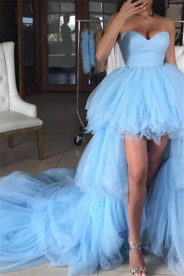 Sweetheart Overskirt Tired Prom Dresses Hi-Lo Sheer Sleeveless Sexy Evening Dresses