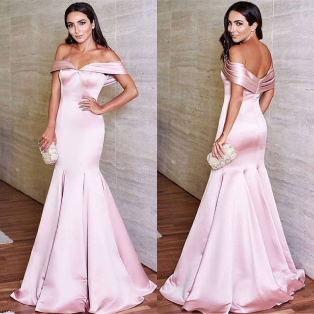 Glossy Pink Mermaid Prom Dresses Off-the-Shoulder Evening Gowns