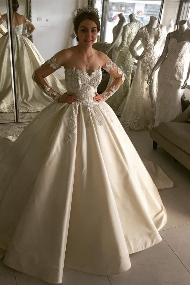 Elegant Ball Gown Wedding Dresses | Off-the-Shoulder Long Sleeves Bridal Gowns