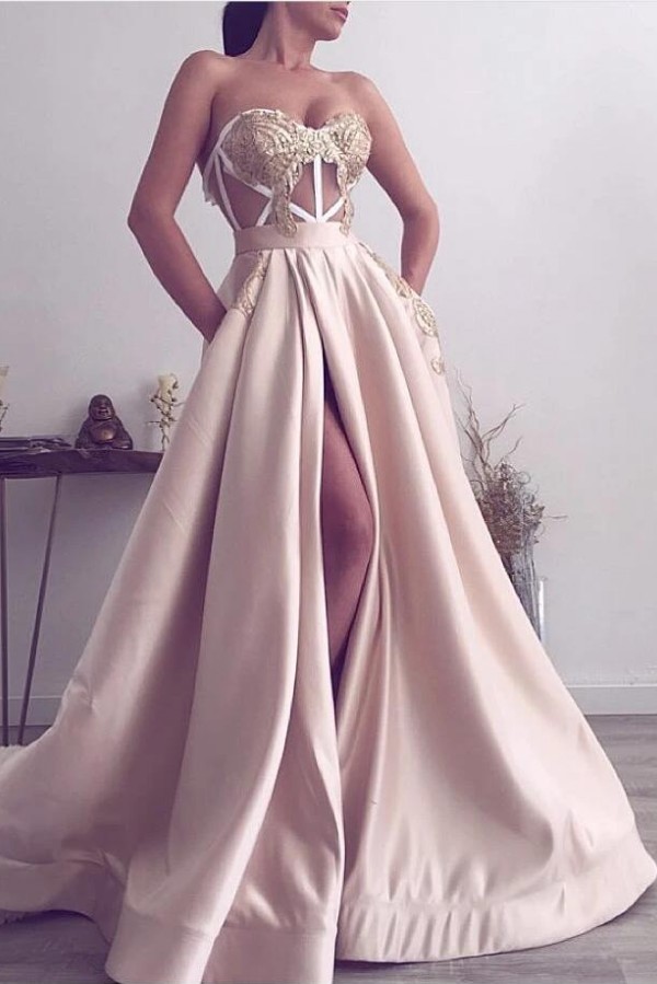 Sexy Sweetheart A-Line Satin Ruffles Evening Dress With Side Split Pockets