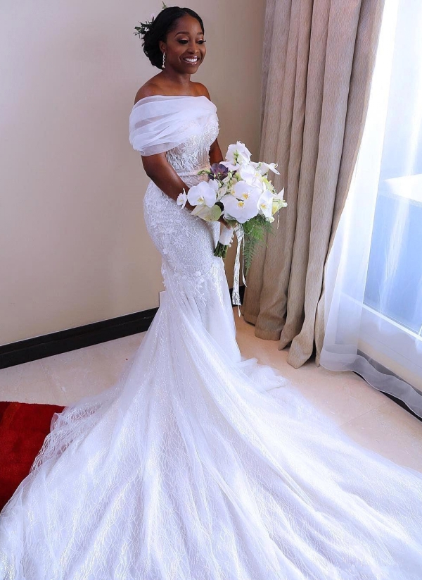 White Beading Mermaid Wedding Dresses | Off-the-Shoulder Flowers Bridal Gowns