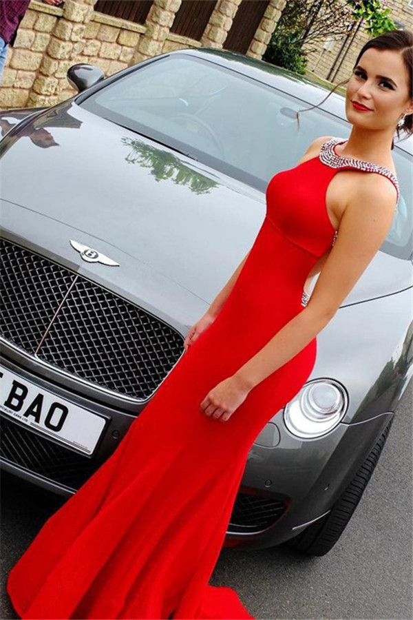 Beads Open Back Red Prom Dresses Halter Simple Mermaid Sexy Evening Dresses Cheap
