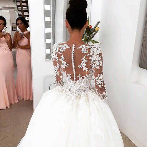 Illusion Long Sleeves 3D-Floral Appliques Luxury Ball Gown Wedding Dresses
