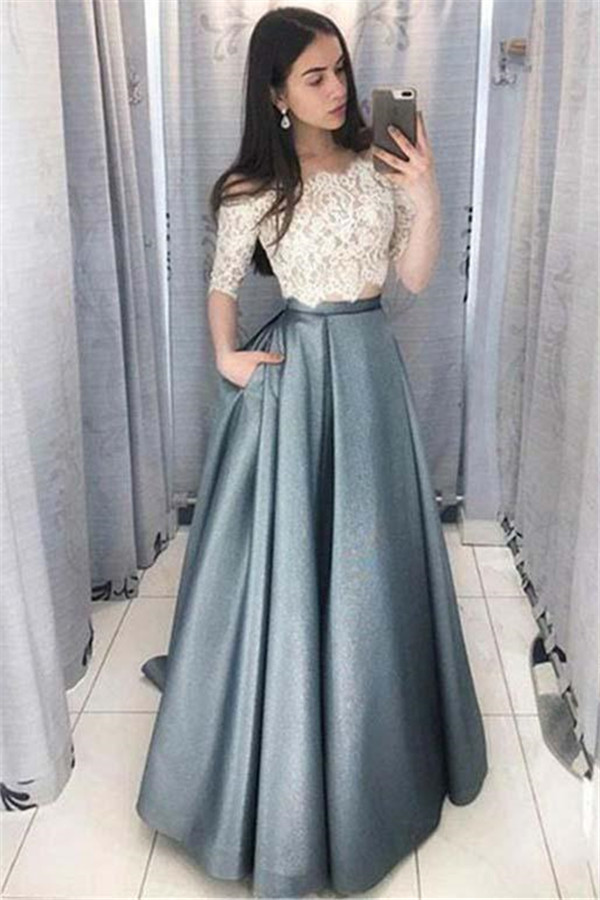 Chic Applique Off-the-Shoulder Prom Dresses Two Piece Sleeveless Sexy Evening Dresses with Pocket