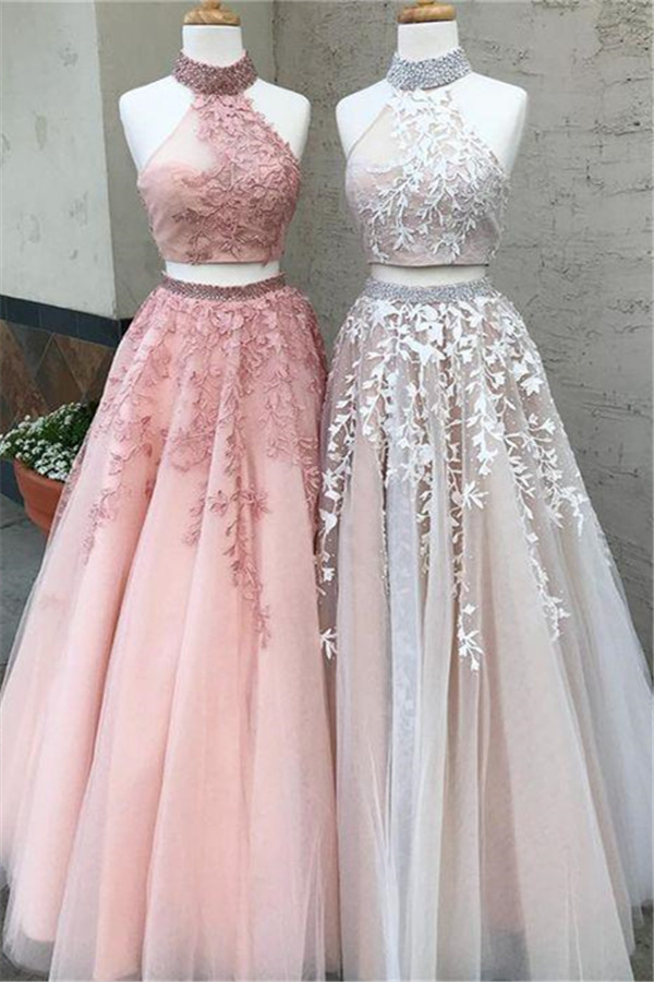 Chic Halter Two Piece Applique Prom Dresses Lace Up Crystal Sexy Evening Dresses with Beads