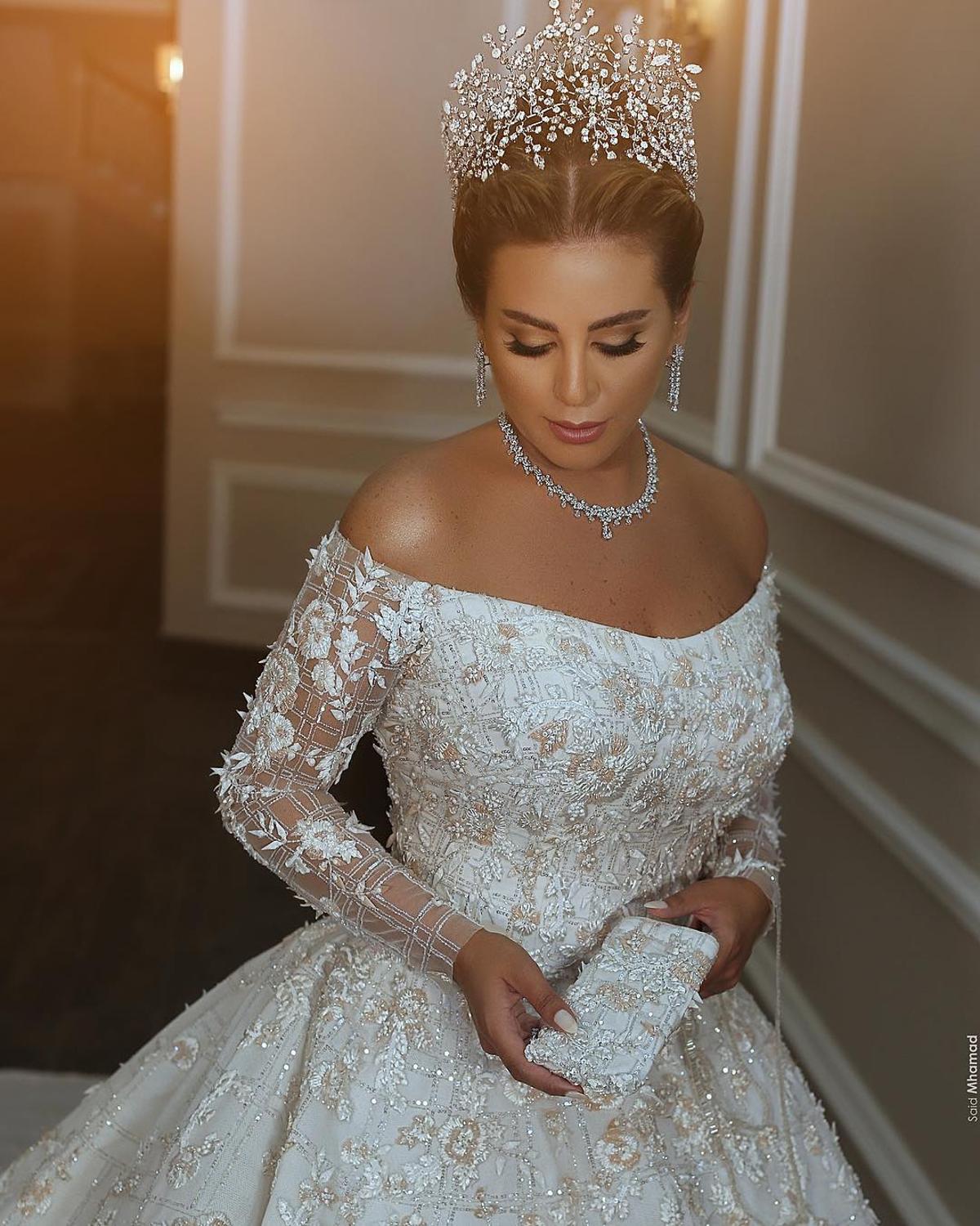 Gorgeous Off The Shoulder Long Sleeve Sequin Applique Ball Gown Wedding Dress | Crystal Puffy Wedding Gown