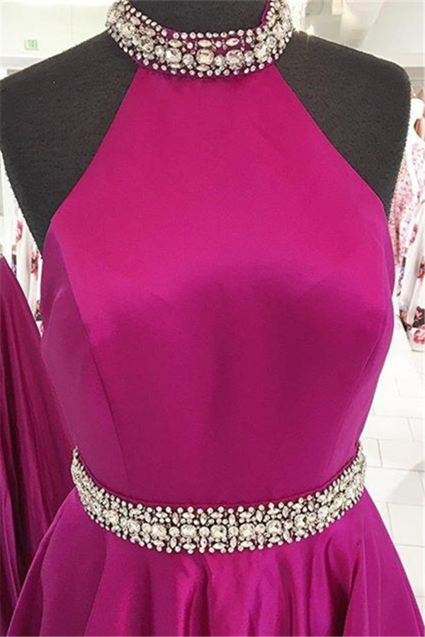 Crystal Halter Prom Dresses Ribbon Sleeveless Sexy Evening Dresses